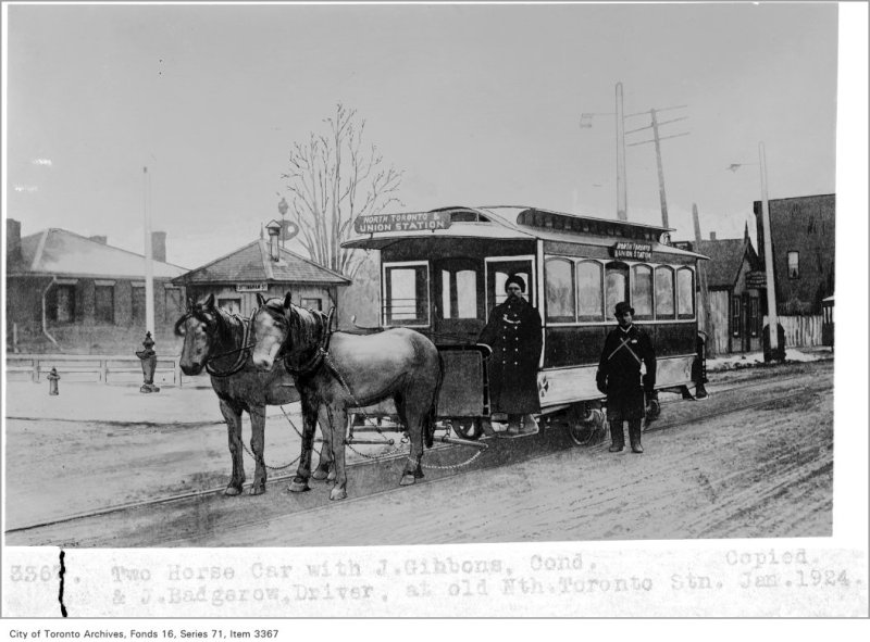 Horse car, with J. Gibbons, conductor, and J. Badgerow, driver, at Old North Toronto Station
