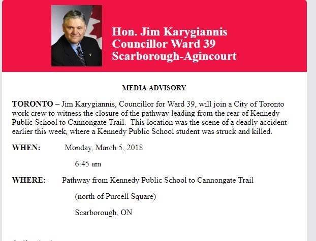 Councillor Jim Karygiannis media advisory