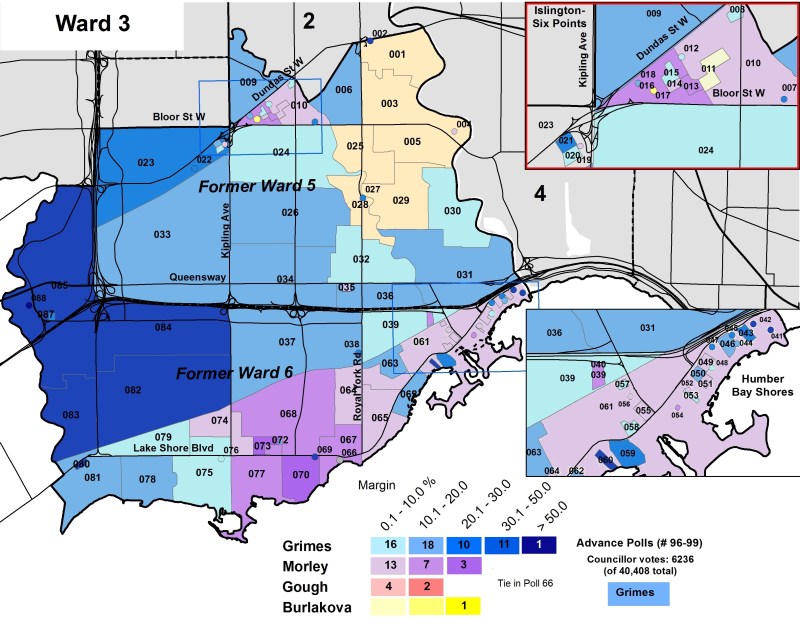 Poll-level map of the council race results for Ward 3