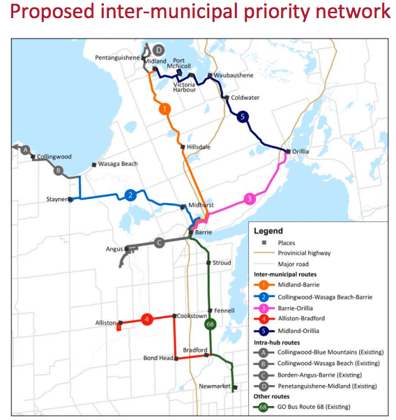 2016 map of proposed Simcoe County bus services