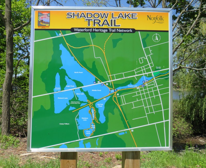 Map of the Shadow Lake Trail and connecting trails in Waterford, along with the extensive ponds surrounding them