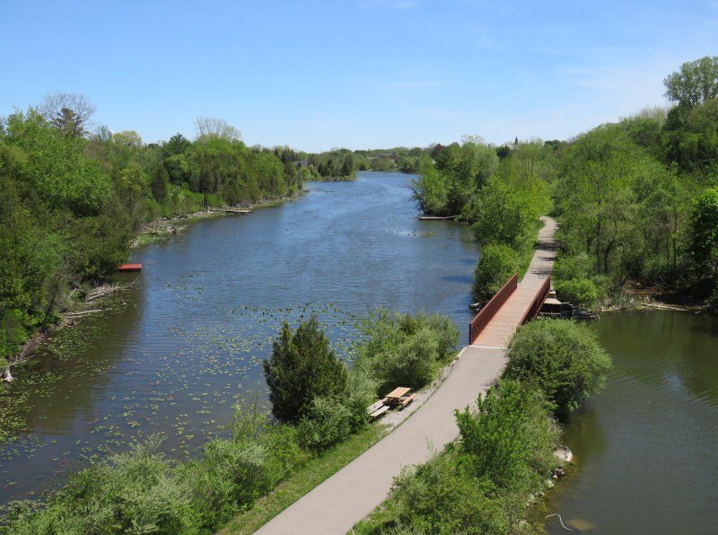Looking down from the Black Bridge on the Norfolk County Trail to Shadow Lake and Waterford Ponds in May 2026